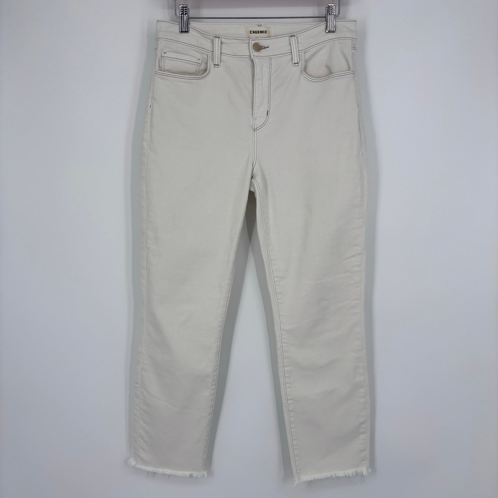 L'AGENCE Sada High Rise Cropped Slim Fit Jeans Womens 28 Macadamia Raw Hem Denim